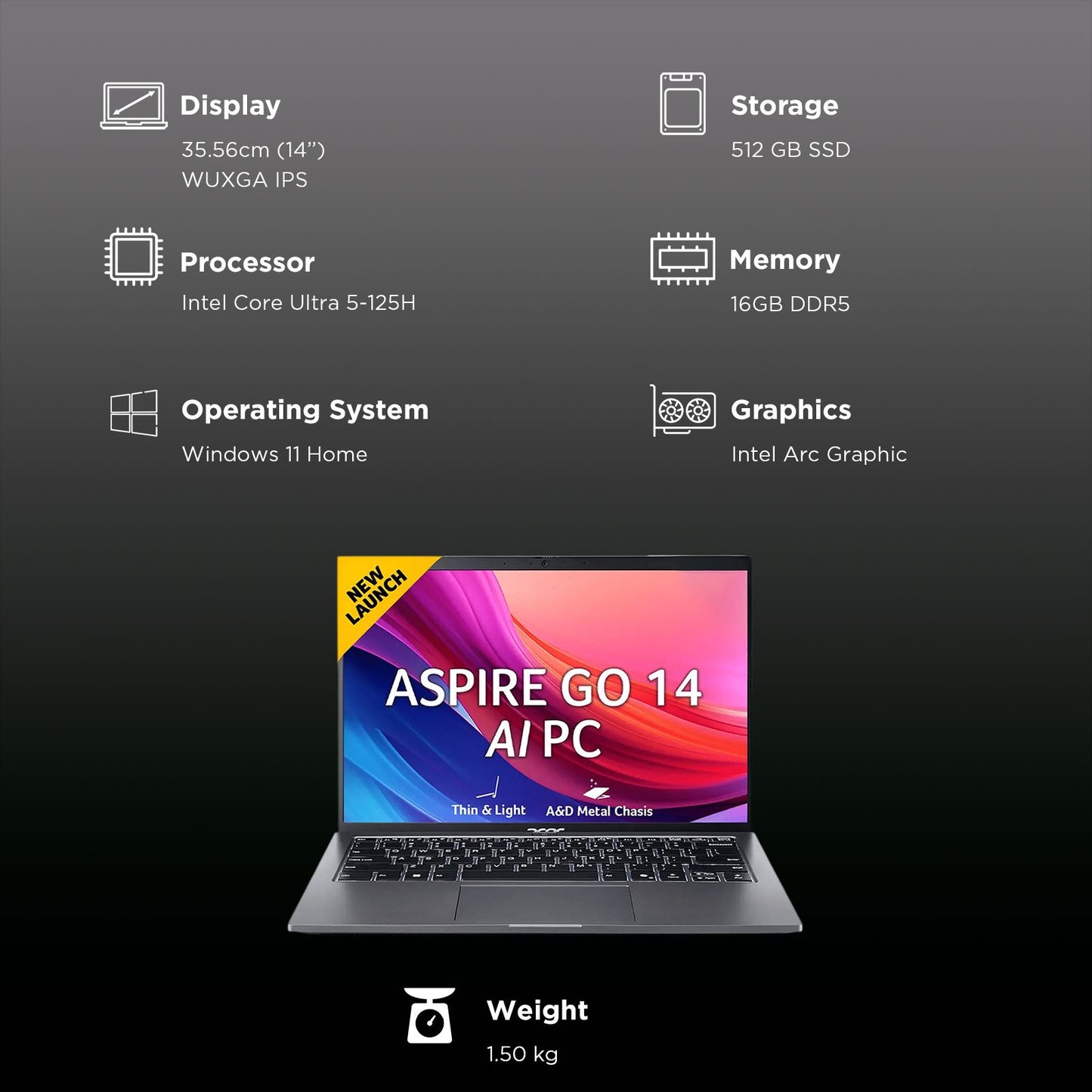 Acer Aspire Go 14 Intel Core Ultra 5 Thin & Light Laptop (16GB, 512GB SSD, Windows 11 Home, 14 inch WUXGA IPS Display, MS Office, Steel Gray, 1.5 KG)