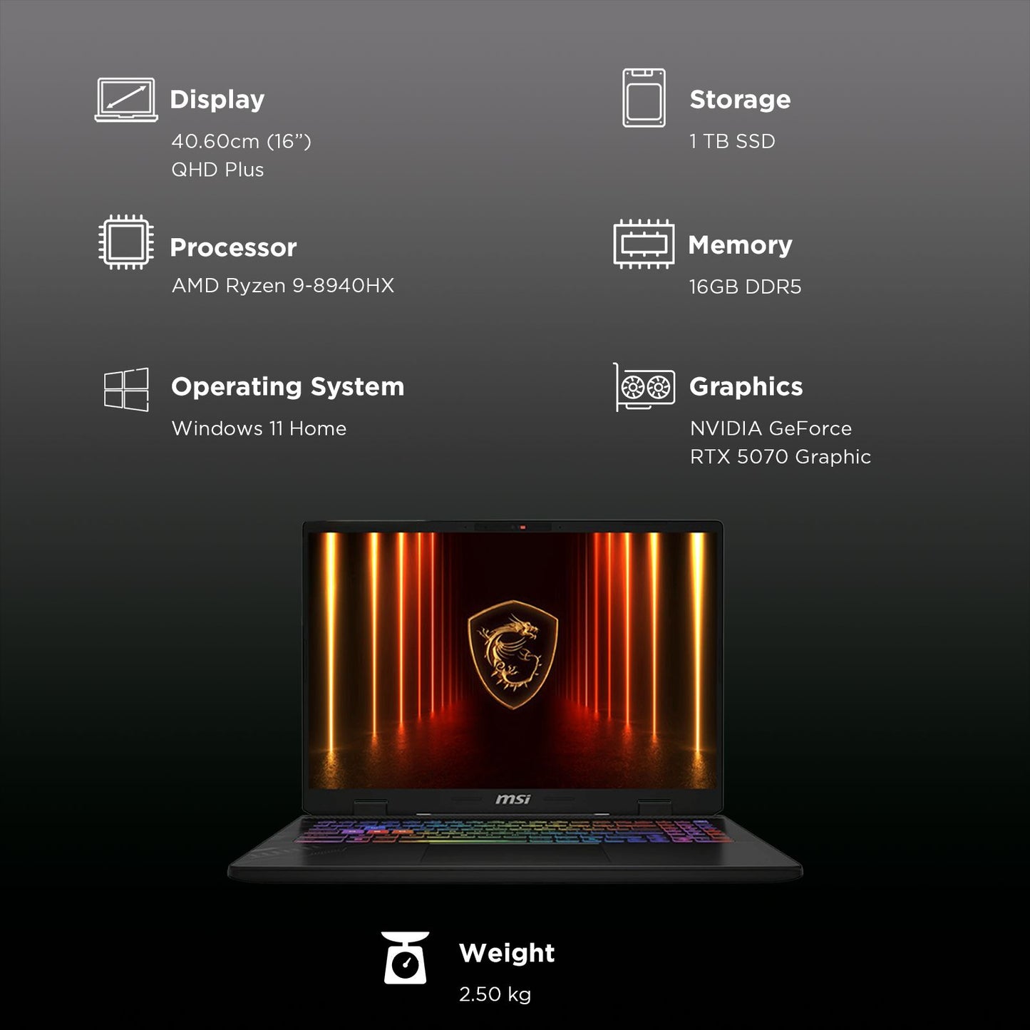 MSI Crosshair A16 HX D8WGKG-046IN AMD Ryzen 9 Gaming Laptop (16GB, 1TB SSD, Windows 11 Home, 8GB Graphics, 16 inch 240 Hz QHD+ Display, NVIDIA GeForce RTX 5070, MS Office Home 2024, Cosmos Gray, 2.5 KG)