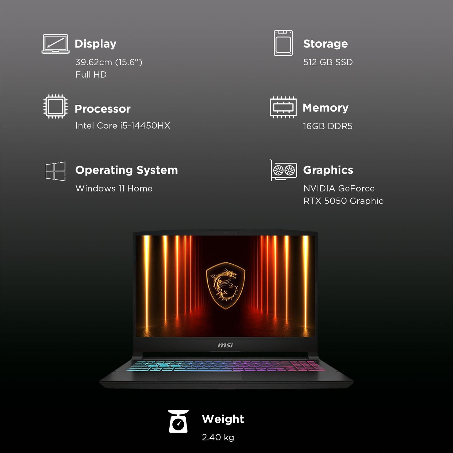 MSI Katana 15 HX B14WEK-642IN Intel Core i5 14th Gen Gaming Laptop (16GB, 512GB SSD, Windows 11 Home, 8GB Graphics, 15.6 inch 144 Hz Full HD Display, NVIDIA GeForce RTX 5050, MS Office Home 2024, Black, 2.55 KG)