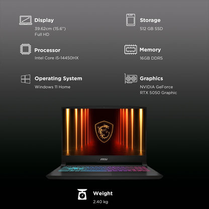 MSI Katana 15 HX B14WEK-642IN Intel Core i5 14th Gen Gaming Laptop (16GB, 512GB SSD, Windows 11 Home, 8GB Graphics, 15.6 inch 144 Hz Full HD Display, NVIDIA GeForce RTX 5050, MS Office Home 2024, Black, 2.55 KG)