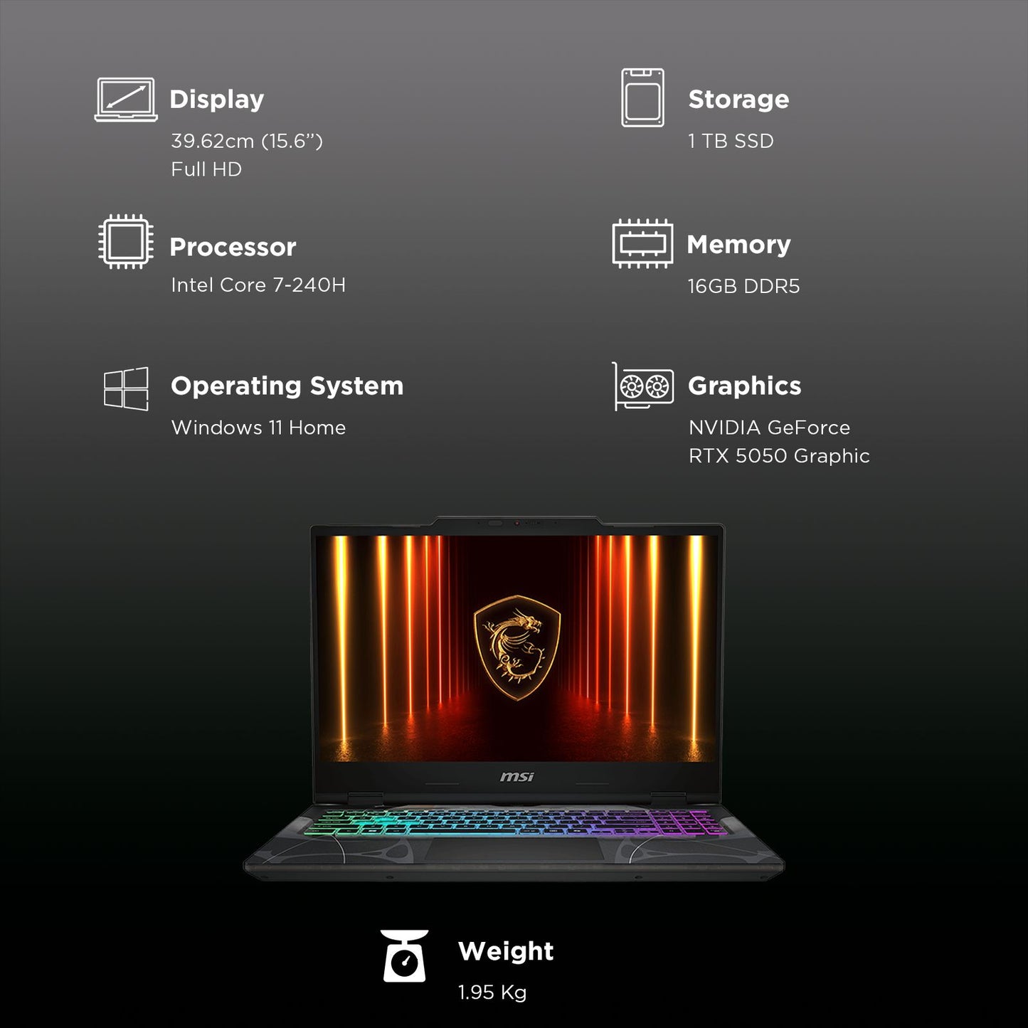 MSI Cyborg 15 B2RWEKG-247IN Intel Core 7 Gaming Laptop (16GB, 1TB SSD, Windows 11 Home, 8GB Graphics, 15.6 inch 144 Hz Full HD Display, NVIDIA GeForce RTX 5050, MS Office Home 2024, Translucent Black, 1.95 KG)