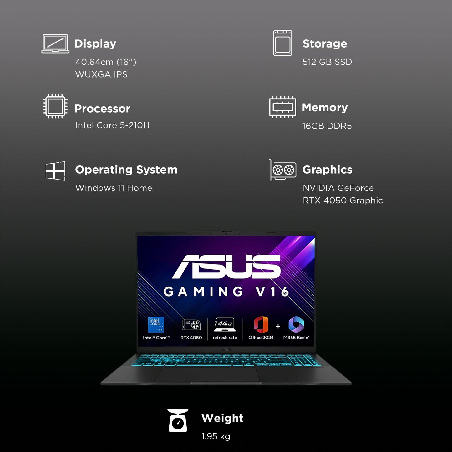 ASUS V16 V3607VU-RP550WS Intel Core 5 Gaming Laptop (16GB, 512GB SSD, Windows 11 Home, 6GB Graphics, 16 inch 144 Hz WUXGA IPS Display, NVIDIA GeForce RTX 4050, MS Office Home 2024, Black, 1.95 KG)