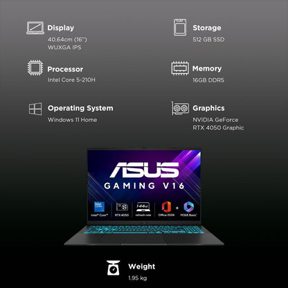 ASUS V16 V3607VU-RP550WS Intel Core 5 Gaming Laptop (16GB, 512GB SSD, Windows 11 Home, 6GB Graphics, 16 inch 144 Hz WUXGA IPS Display, NVIDIA GeForce RTX 4050, MS Office Home 2024, Black, 1.95 KG)