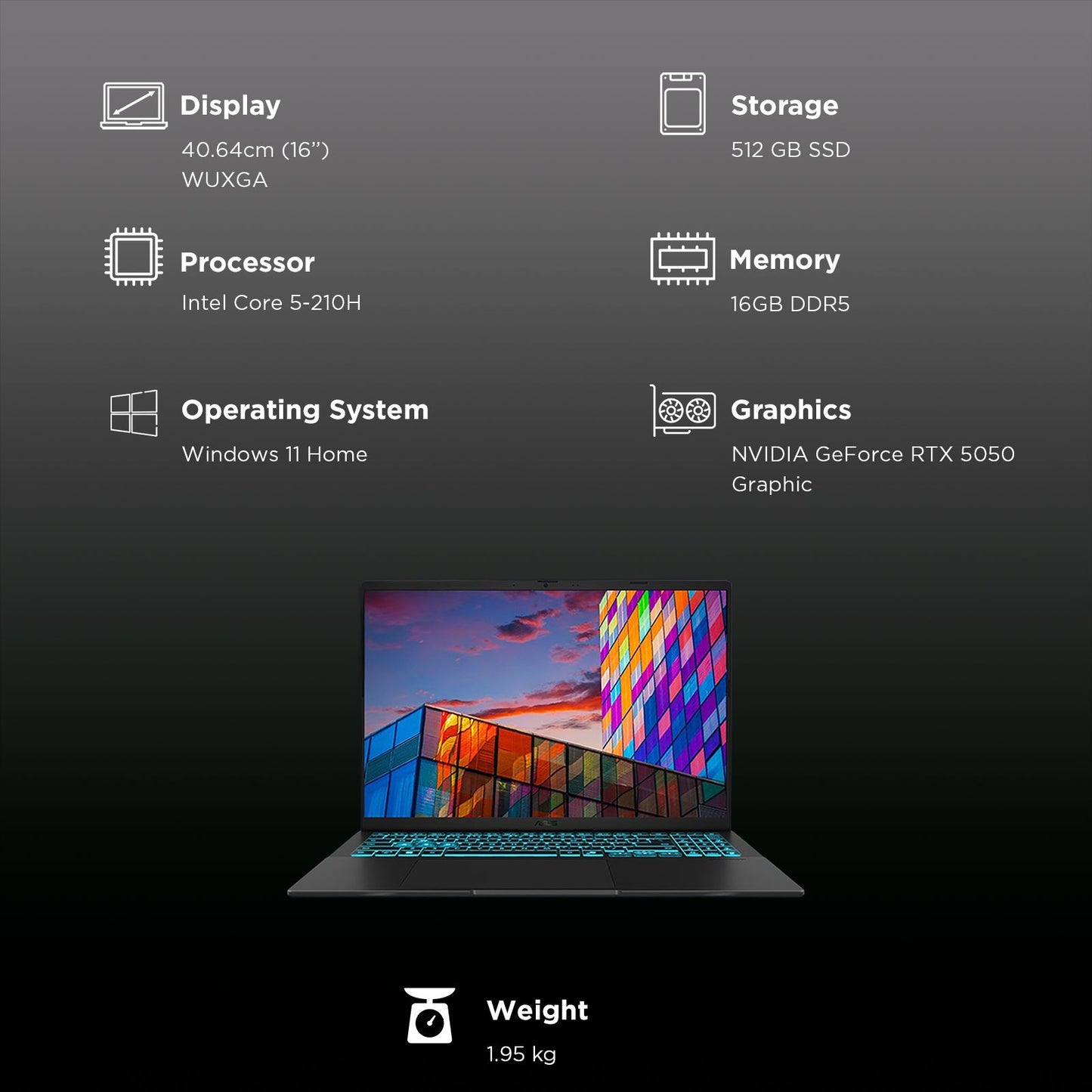 ASUS V16 V3607VH-RP037WS Intel Core 5 Gaming Laptop (16GB, 512GB SSD, Windows 11 Home, 8GB Graphics, 16 inch 144 Hz WUXGA Display, NVIDIA GeForce RTX 5050, MS Office Home 2024, Black, 1.95 KG)
