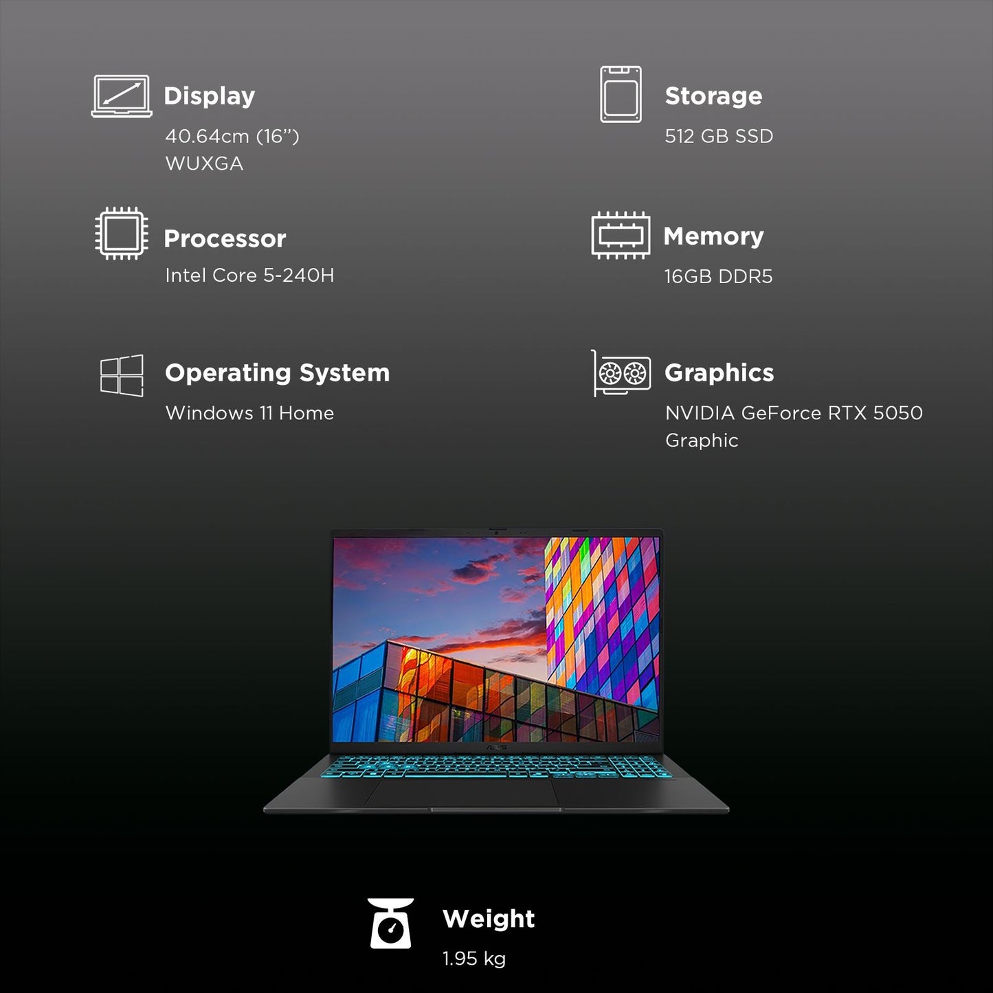 ASUS V16 V3607VH-RP038WS Intel Core 7 Gaming Laptop (16GB, 512GB SSD, Windows 11 Home, 8GB Graphics, 16 inch 144 Hz WUXGA Display, NVIDIA GeForce RTX 5050, MS Office Home 2024, Black, 1.95 KG)