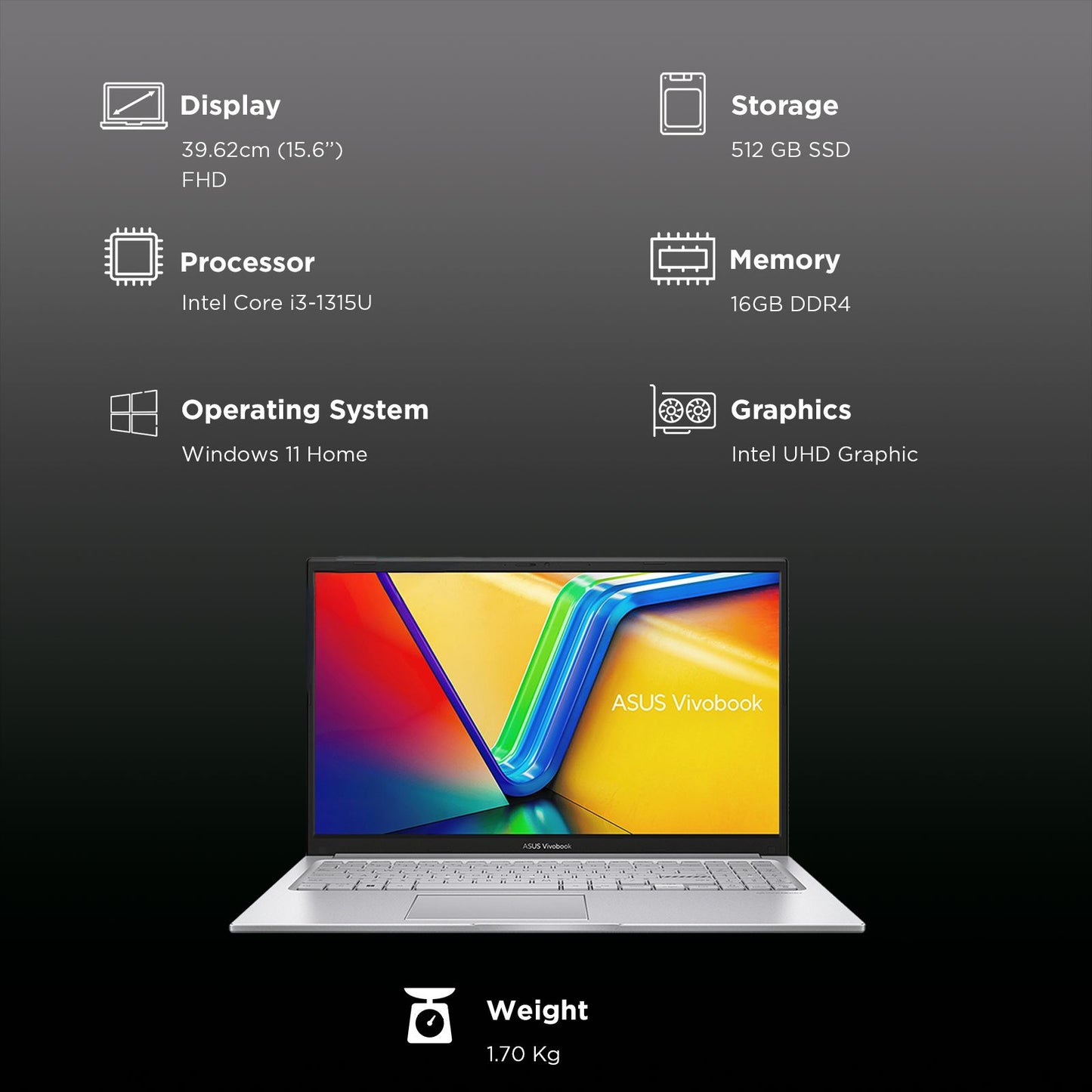 ASUS Vivobook 15 X1504VA-NJ2324WS Intel Core i3 13th Gen Thin & Light Laptop (16GB, 512GB SSD, Windows 11 Home, 15.6 inch Full HD Display, MS Office Home 2024, Cool Silver, 1.70 KG)