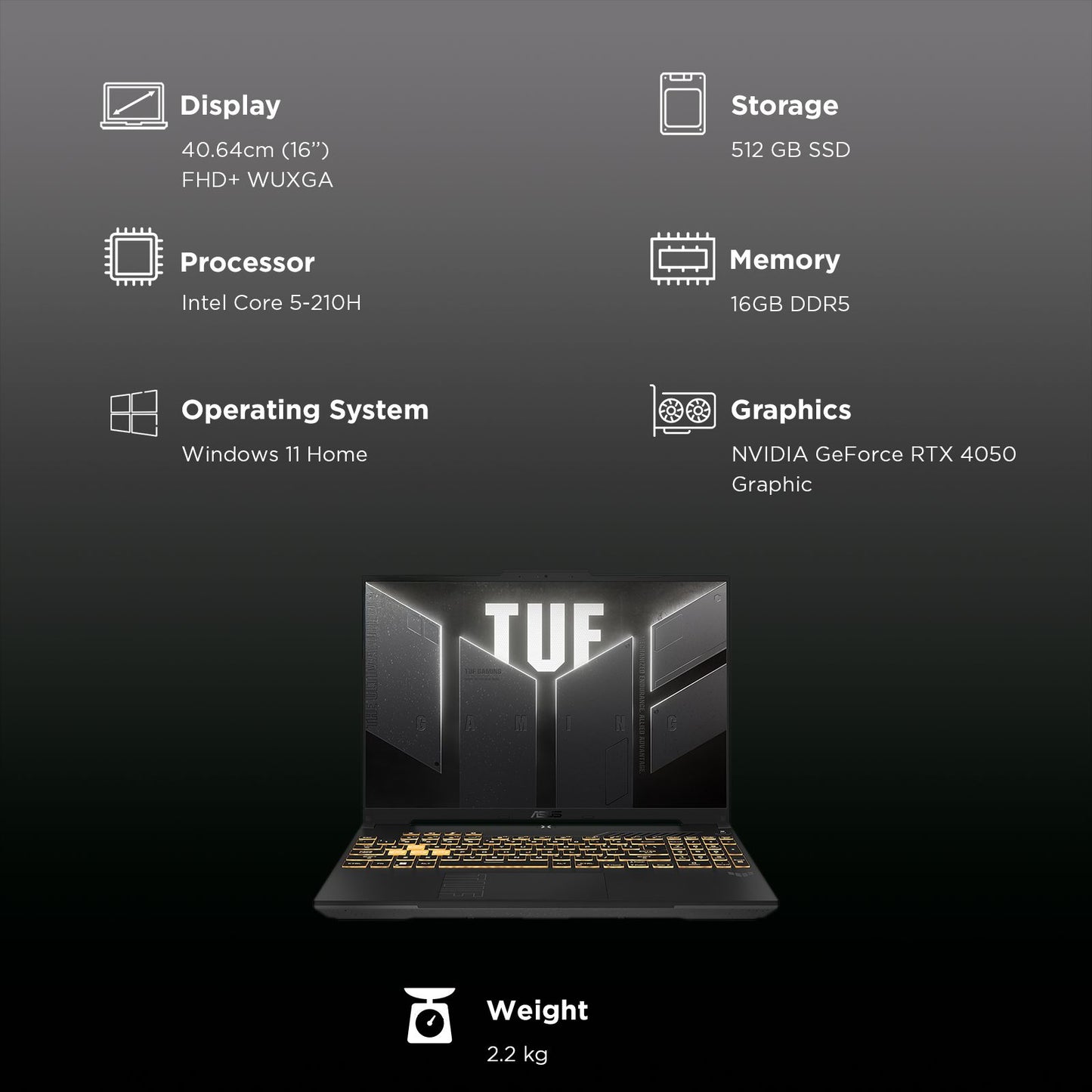ASUS TUF F16 FX677VU-RL055WS Intel Core 5 Gaming Laptop (16GB, 512GB SSD, Windows 11 Home, 6GB Graphics, 16 inch 144 Hz FHD+ WUXGA Display, NVIDIA GeForce RTX 4050, MS Office Home 2024, Mecha Gray, 2.20 KG)