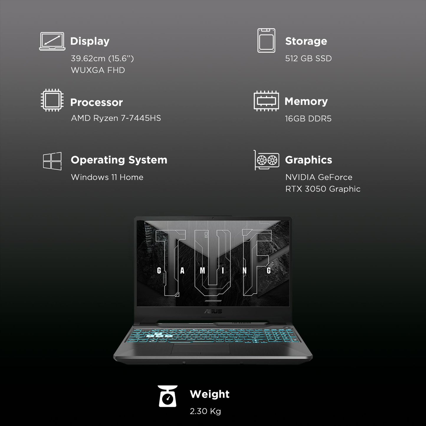 ASUS TUF FA506NCG-HN200WS AMD Ryzen 7 Gaming Laptop (16GB, 512GB SSD, Windows 11 Home, 4GB Graphics, 15.6 inch 144 Hz WUXGA Full HD Display, NVIDIA GeForce RTX 3050, MS Office Home 2024, Graphite Black, 2.3 KG)