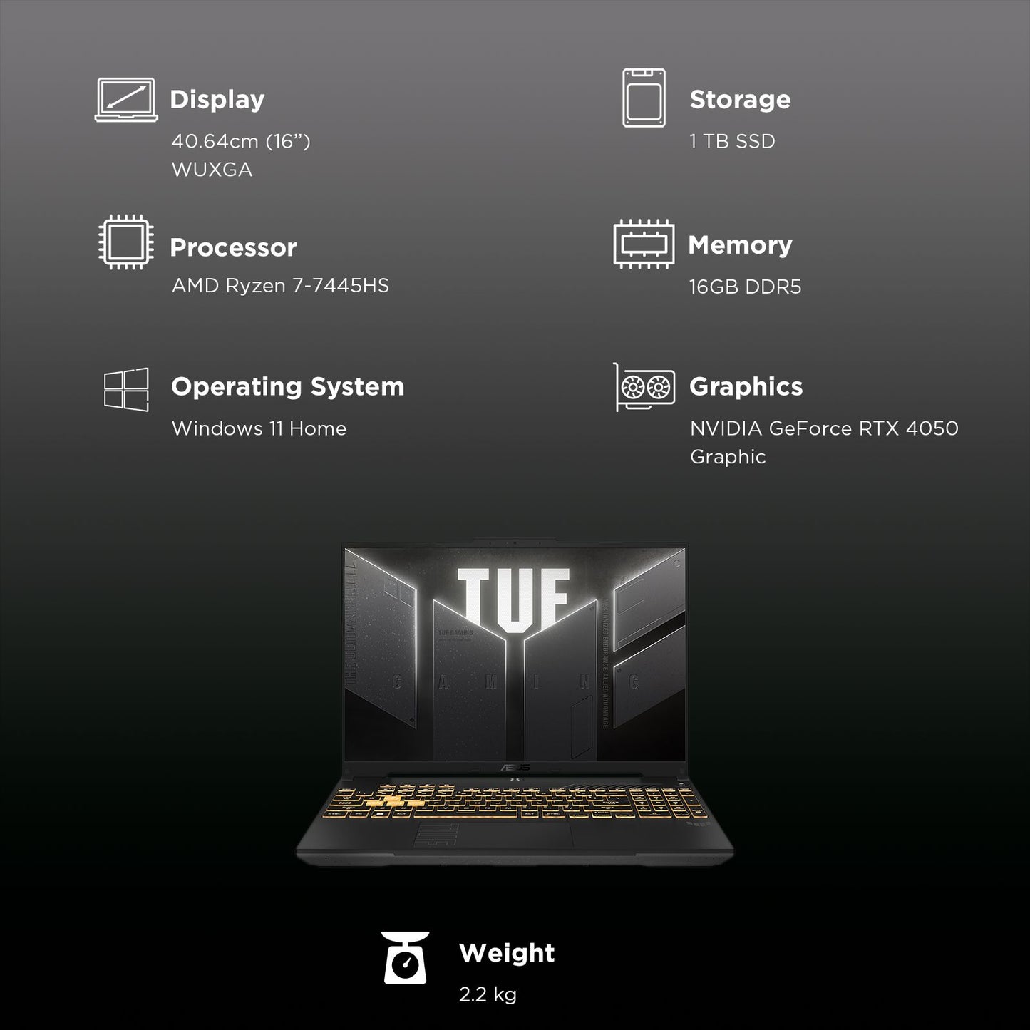 ASUS TUF A16 FA607NUG-RL189WS AMD Ryzen 7 Gaming Laptop (16GB, 1TB SSD, Windows 11 Home, 6GB Graphics, 16 inch 144 Hz WUXGA Display, NVIDIA GeForce RTX 4050, MS Office Home 2024, Mecha Gray, 4.48 KG)