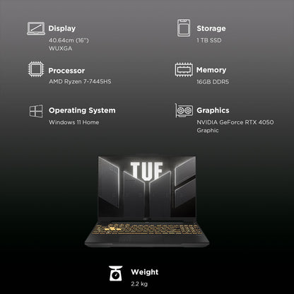 ASUS TUF A16 FA607NUG-RL189WS AMD Ryzen 7 Gaming Laptop (16GB, 1TB SSD, Windows 11 Home, 6GB Graphics, 16 inch 144 Hz WUXGA Display, NVIDIA GeForce RTX 4050, MS Office Home 2024, Mecha Gray, 4.48 KG)
