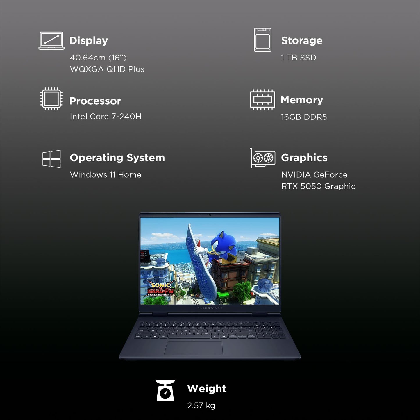 DELL Alienware 16 Aurora Intel Core 7 Gaming Laptop (16GB, 1TB SSD, Windows 11 Home, 8GB Graphics, 16 inch 120 Hz QHD+ WQXGA Display, NVIDIA GeForce RTX 5050, MS Office Home 2024, Interstellar Indigo, 2.57 KG)