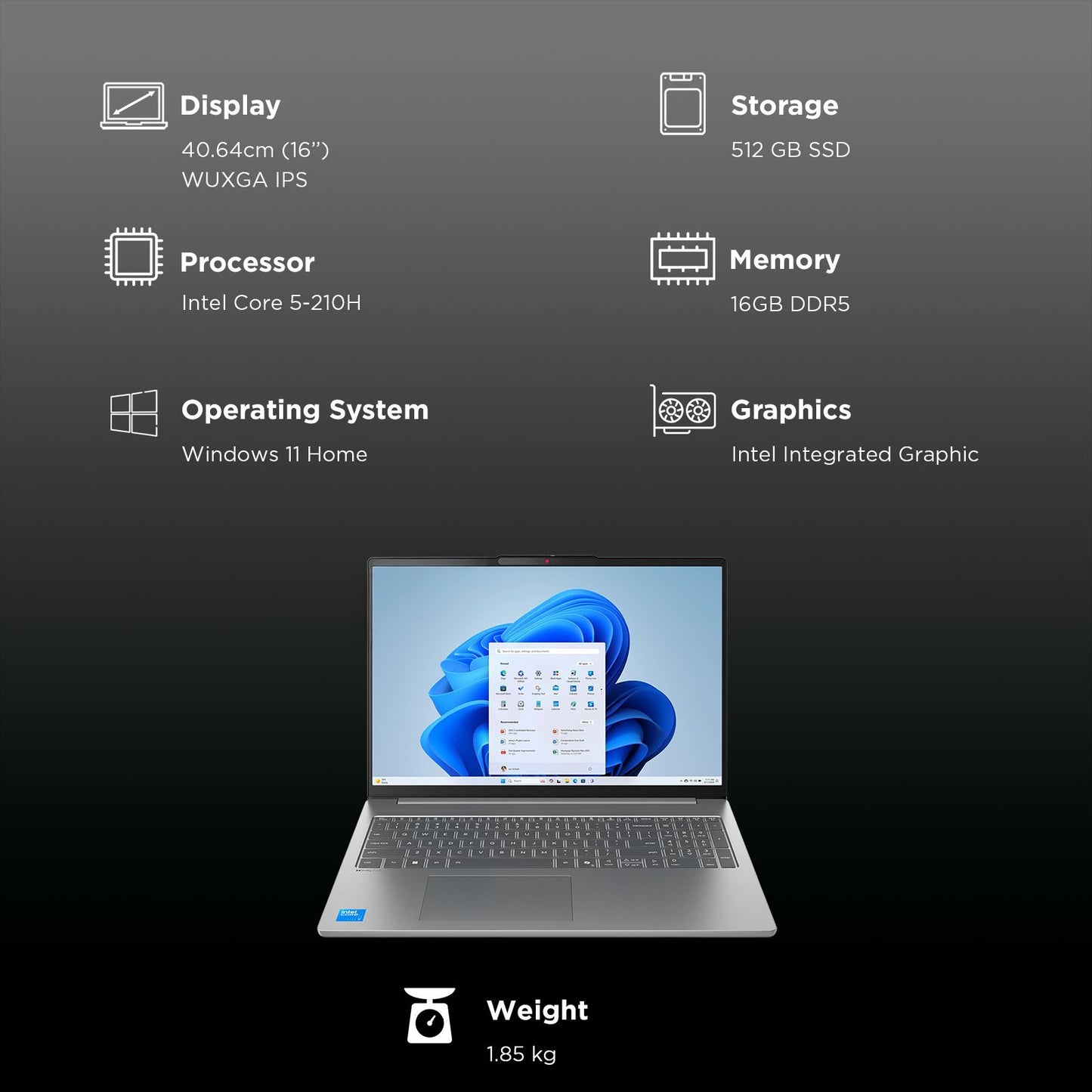 Lenovo IdeaPad Slim 5 16IRH10R Intel Core 5 Thin & Light Laptop (16GB, 512GB SSD, Windows 11 Home, 16 inch WUXGA IPS Display, MS Office Home 2024, Luna Grey, 1.85 KG)