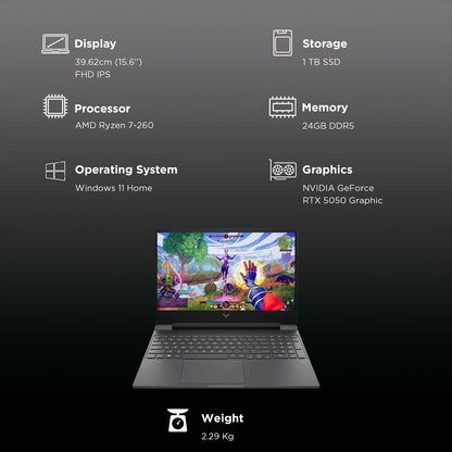 HP Victus 15-fb3185AX AMD Ryzen 7 Gaming Laptop (24GB, 1TB SSD, Windows 11 Home, 8GB Graphics, 15.6 inch 144 Hz Full HD IPS Display, NVIDIA GeForce RTX 5050, MS Office Home 2024, Mica Silver, 2.29 KG)