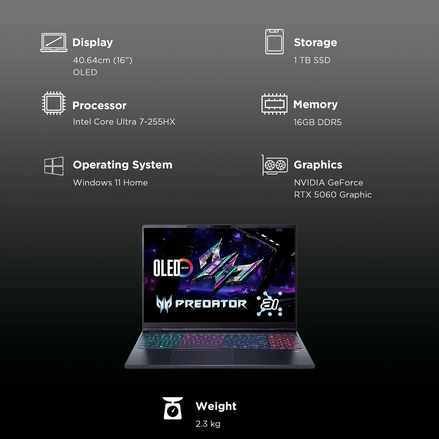 Acer Predator Helios Neo 16S PHN16S-71 Intel Core Ultra 7 Gaming Laptop (16GB, 1TB SSD, Windows 11 Home, 8GB Graphics, 16 inch 240 Hz OLED Display, NVIDIA GeForce RTX 5060, Abyssal Black, 2.3 KG)