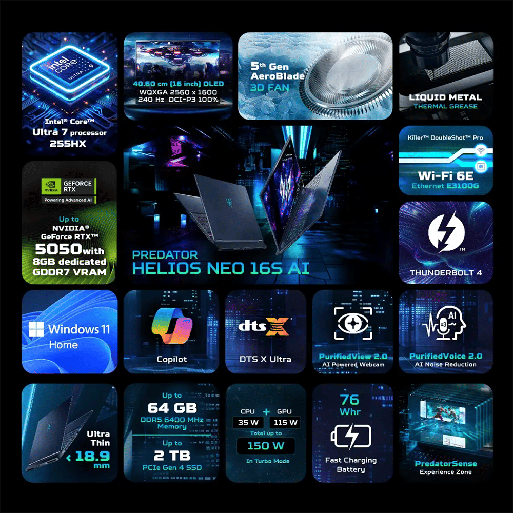 Acer Predator Helios Neo 16S PHN16S-71 Intel Core Ultra 7 Gaming Laptop (16GB, 1TB SSD, Windows 11 Home, 8GB Graphics, 16 inch 240 Hz OLED Display, NVIDIA GeForce RTX 5050, Abyssal Black, 2.3 KG)