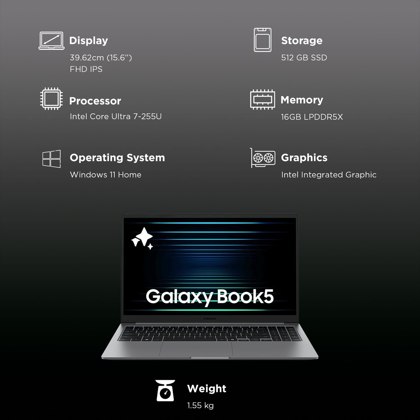 SAMSUNG Galaxy Book5 Intel Core Ultra 7 Thin & Light Laptop (16GB, 512GB SSD, Windows 11 Home, 15.6 inch Full HD IPS Display, MS Office Home 2024, Gray, 1.55 KG)