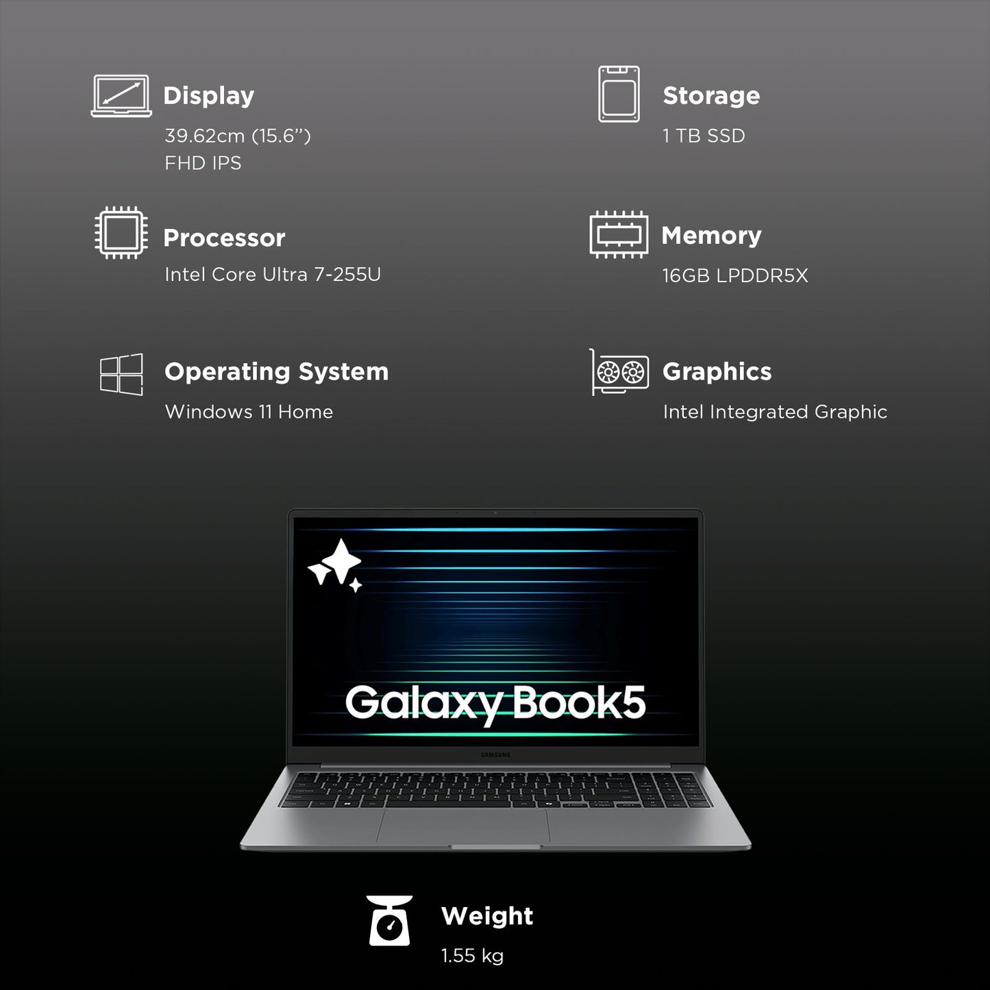 SAMSUNG Galaxy Book5 Intel Core Ultra 7 Thin & Light Laptop (16GB, 1TB SSD, Windows 11 Home, 15.6 inch Full HD IPS Display, MS Office Home 2024, Gray, 1.55 KG)