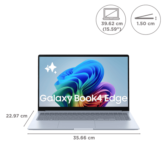 SAMSUNG Galaxy Book4 Edge Qualcomm Snapdragon X Thin & Light Laptop (16GB, 512GB eUFS, Windows 11 Home, 15.59 inch Full HD IPS Display, MS Office Home & Student 2024, Sapphire Blue, 1.5 KG)