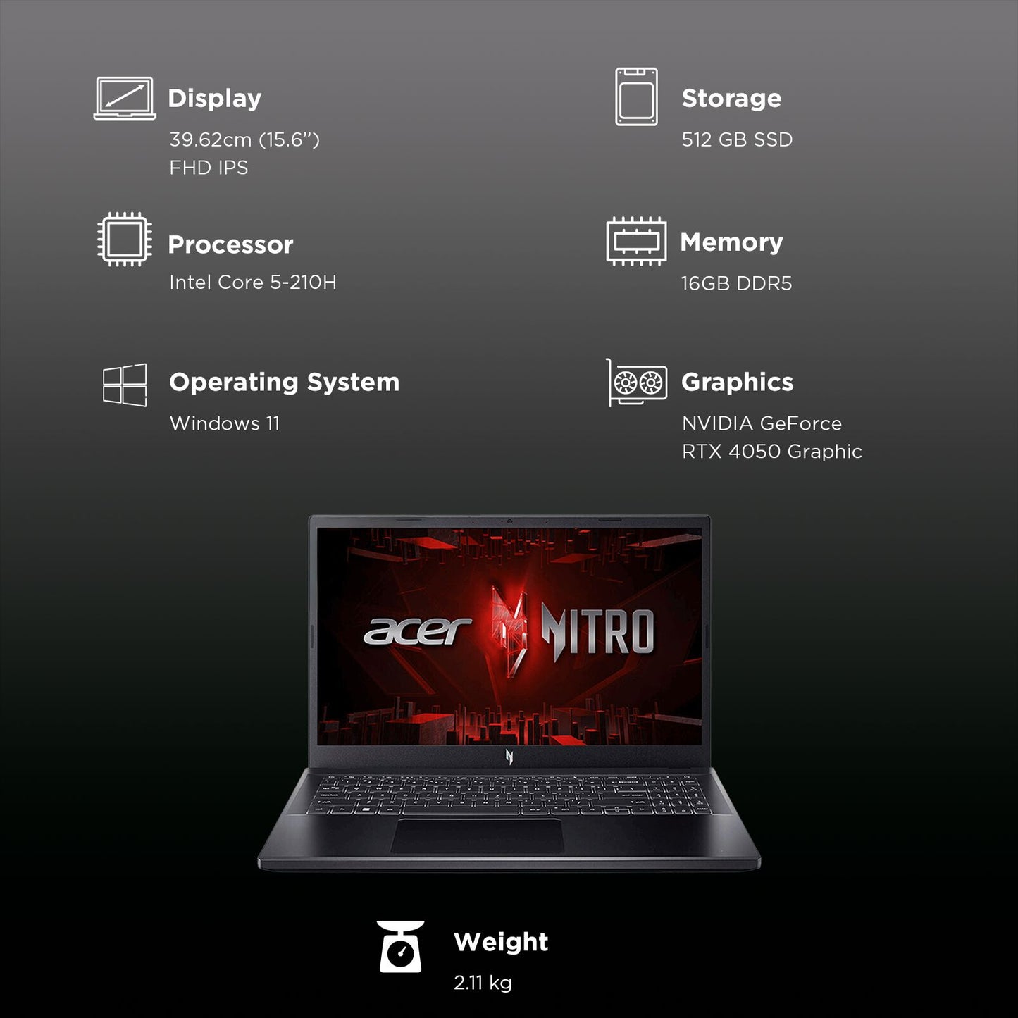 acer Nitro V15 ANV15-52 Intel Core 5 Gaming Laptop (16GB, 512GB SSD, Windows 11, 8GB Graphics, 15.6 inch 165 Hz Full HD IPS Display, NVIDIA GeForce RTX 4050, MS Office, 2.11 KG)