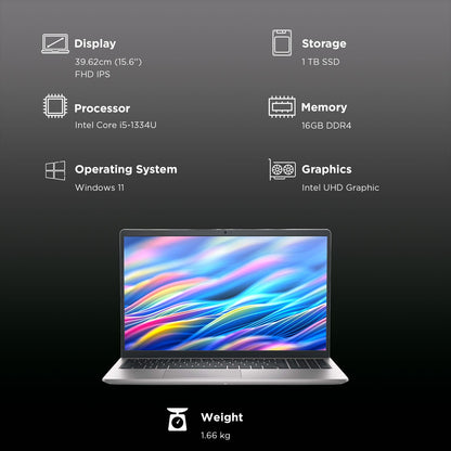 DELL DC 15250 Intel Core i5 Laptop (16GB, 1TB SSD, Windows 11, 15.6 inch Full HD IPS Display, MS Office Home 2024, Platinum Silver, 1.66 KG)