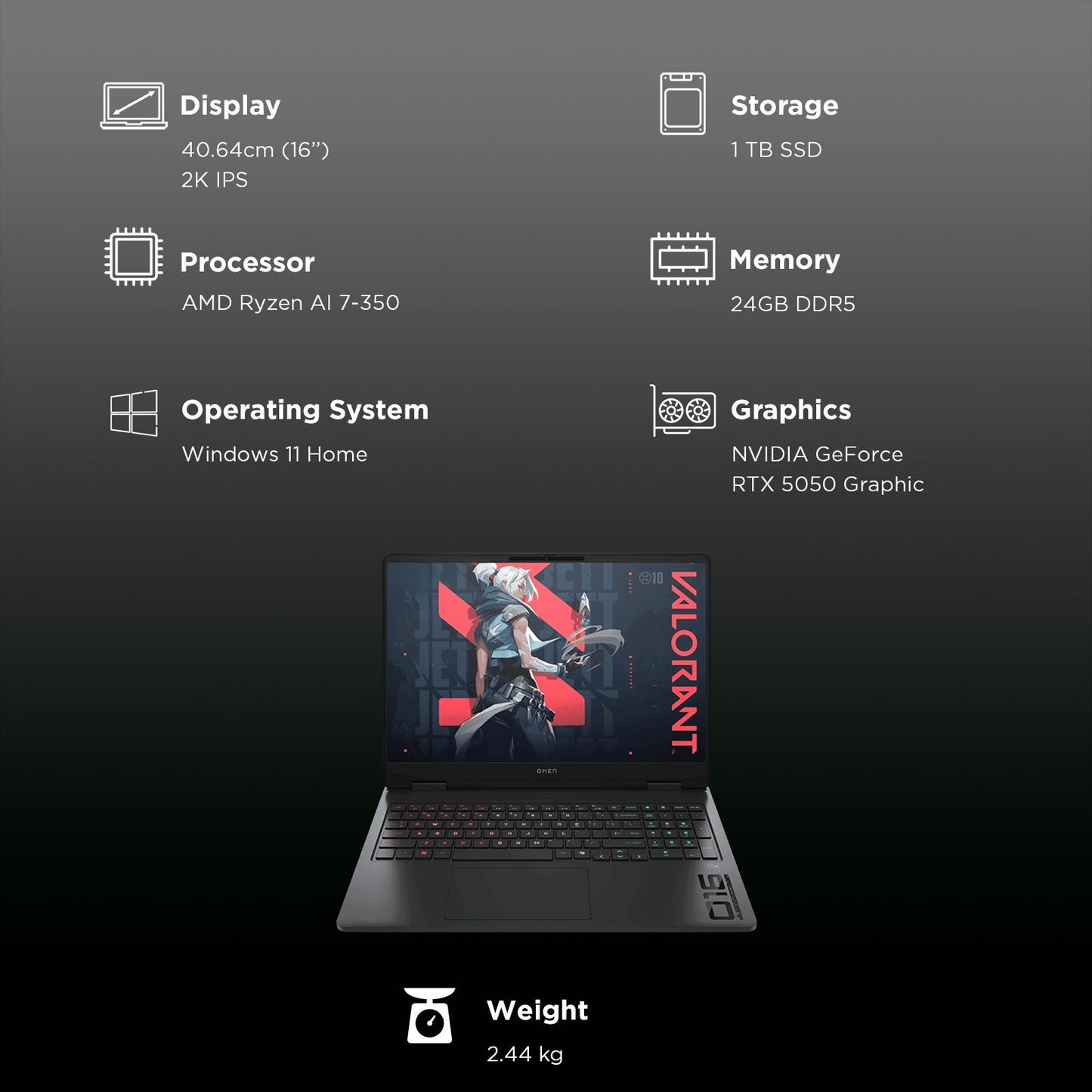 HP OMEN 16-ap0165AX AMD Ryzen AI 7 Gaming Laptop (24GB, 1TB SSD, Windows 11 Home, 8GB Graphics, 16 inch 165 Hz 2K IPS Display, NVIDIA GeForce RTX 5050, Shadow Black, 2.44 KG)