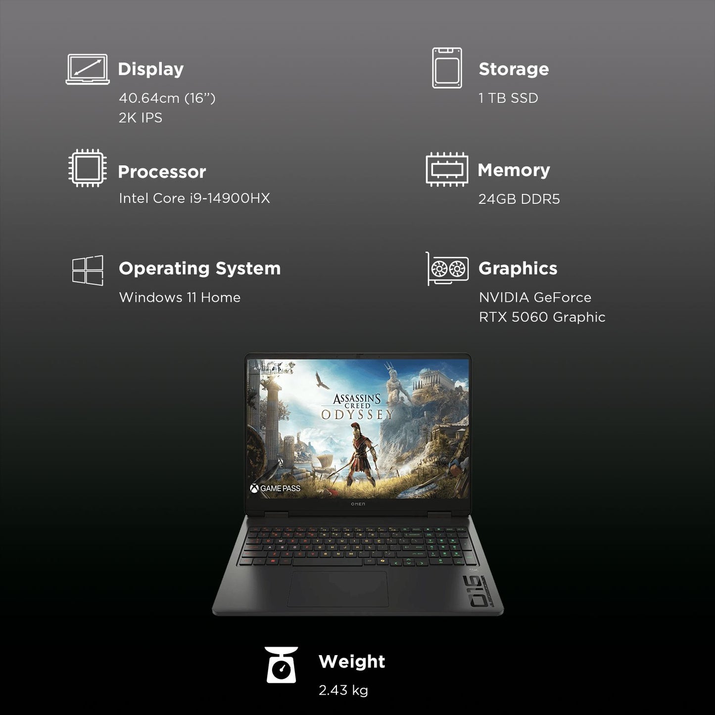 HP OMEN 16-am0279TX Intel Core i9 14th Gen Gaming Laptop (24GB, 1TB SSD, Windows 11 Home, 8GB Graphics, 16 inch 165 Hz 2K IPS Display, NVIDIA GeForce RTX 5060, MS Office Home 2024, Shadow Black, 2.43 KG)