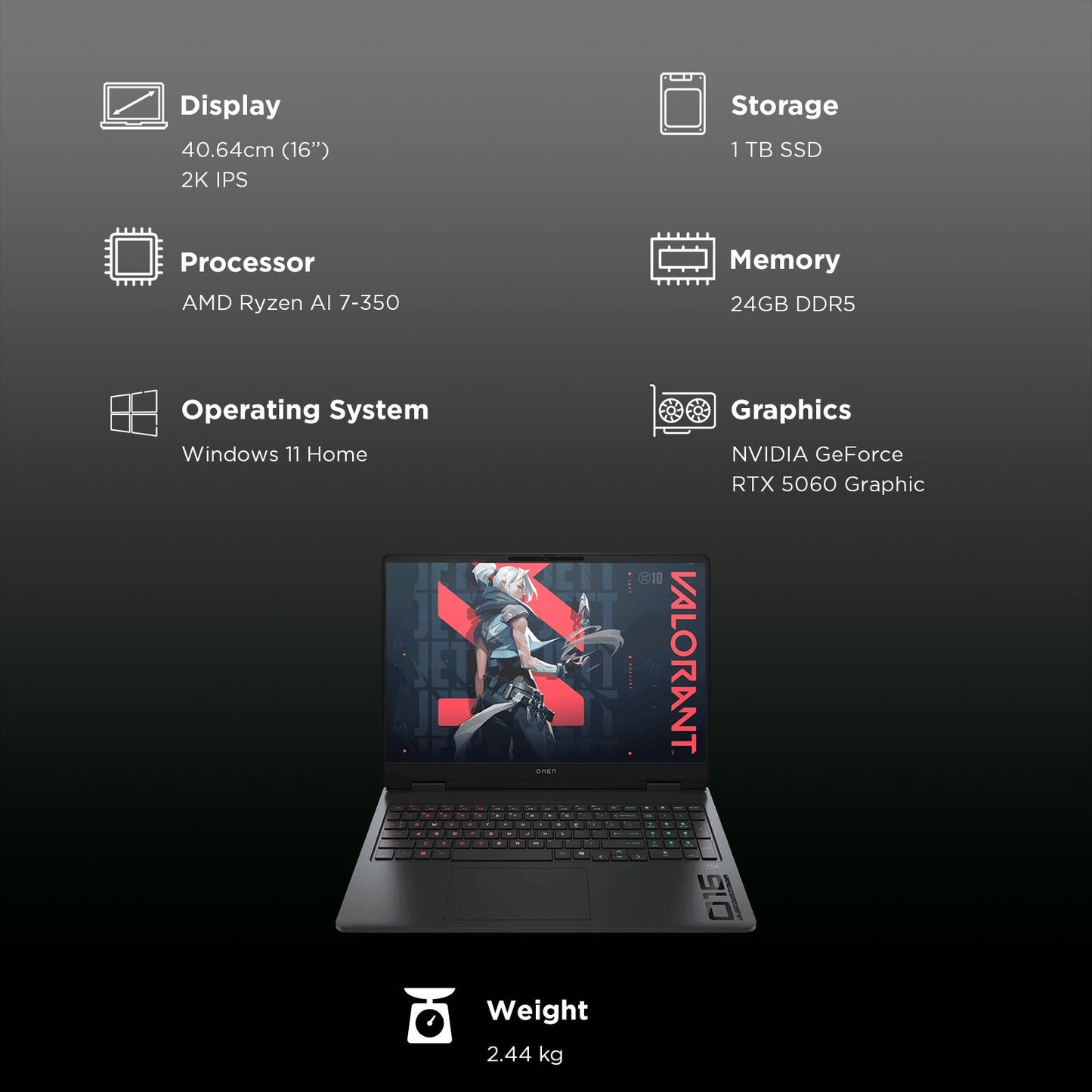 HP OMEN 16 AMD Ryzen AI 7 Gaming Laptop (24GB, 1TB SSD, Windows 11 Home, 8GB Graphics, 16 inch 165 Hz 2K IPS Display, NVIDIA GeForce RTX 5060, MS Office Home 2024, Shadow Black, 2.44 KG)