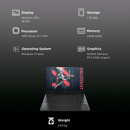 HP OMEN 16 AMD Ryzen AI 7 Gaming Laptop (24GB, 1TB SSD, Windows 11 Home, 8GB Graphics, 16 inch 165 Hz 2K IPS Display, NVIDIA GeForce RTX 5060, MS Office Home 2024, Shadow Black, 2.44 KG)