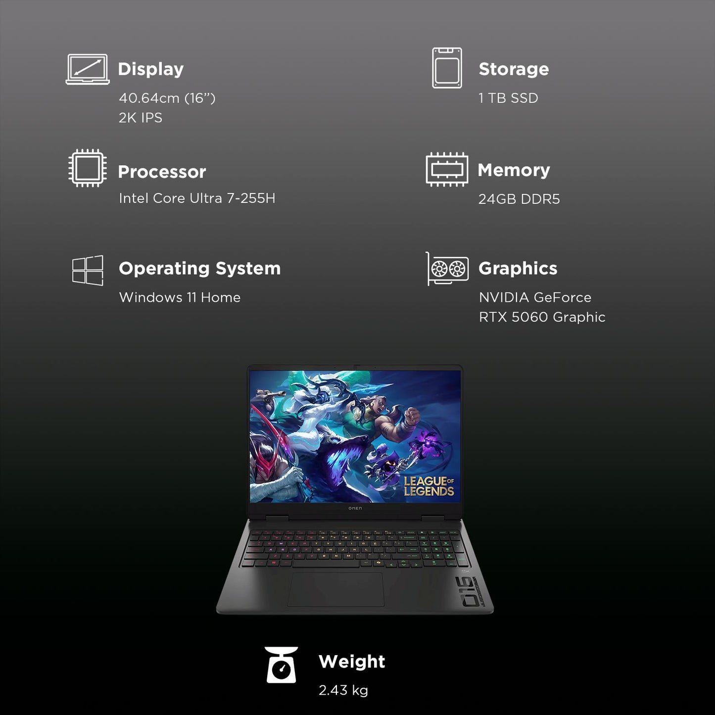 HP OMEN 16 Intel Core Ultra 7 Gaming Laptop (24GB, 1TB SSD, Windows 11 Home, 8GB Graphics, 16 inch 165 Hz 2K IPS Display, NVIDIA GeForce RTX 5060, MS Office Home 2024, Shadow Black, 2.43 KG)