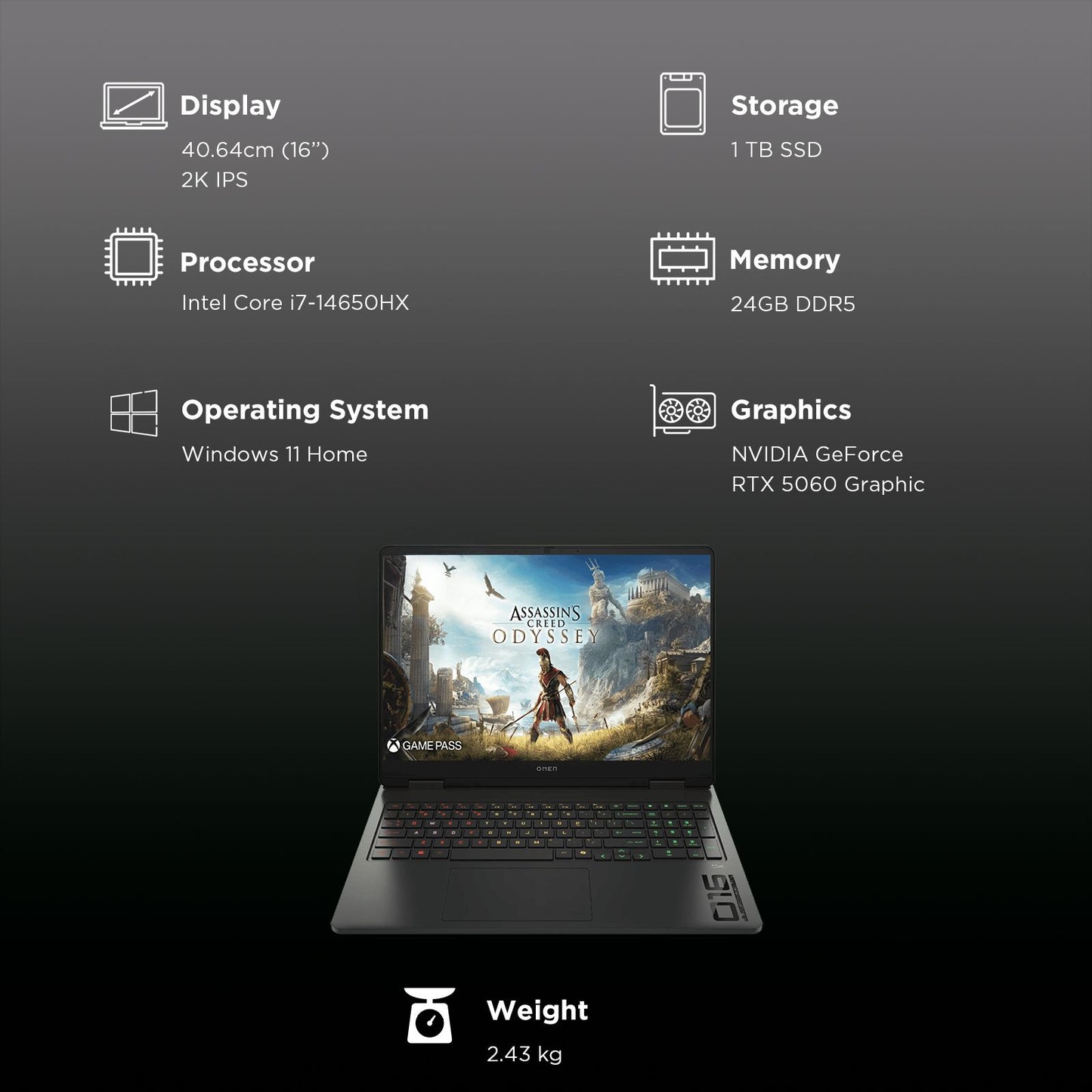 HP OMEN 16-am0239TX Intel Core i7 14th Gen Gaming Laptop (24GB, 1TB SSD, Windows 11 Home, 8GB Graphics, 16 inch 165 Hz 2K IPS Display, NVIDIA GeForce RTX 5060, MS Office Home 2024, Shadow Black, 2.43 KG)