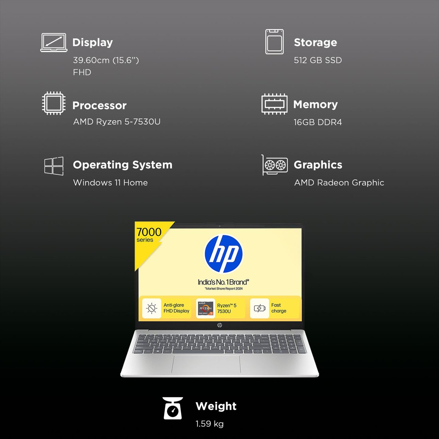 HP 15-fc0703AU AMD Ryzen 5 Thin & Light Laptop (16GB, 512GB SSD, Windows 11 Home, 15.6 inch Full HD Display, Natural Silver, 1.59 KG)