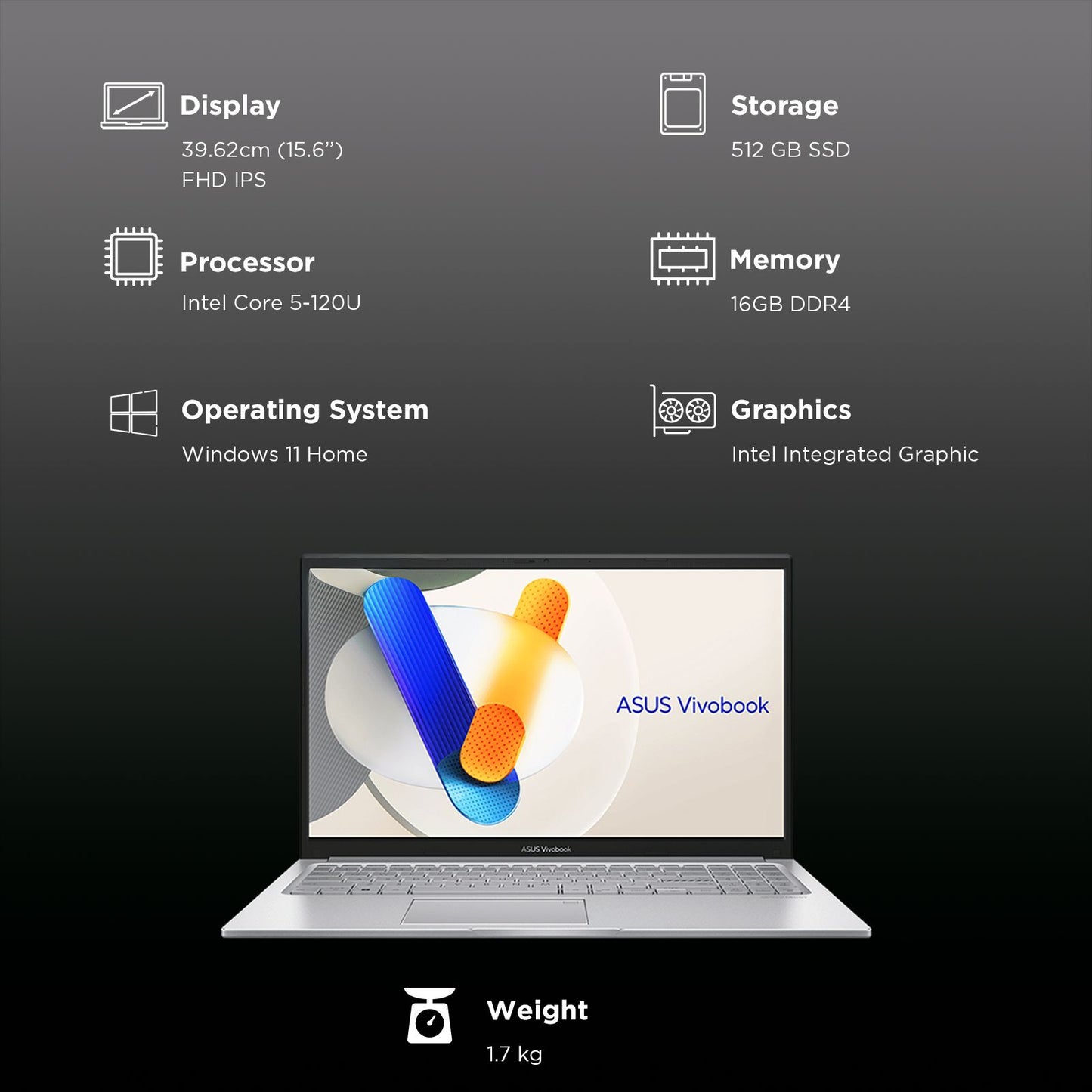 ASUS Vivobook 15 X1504VAP-BQ541WS Intel Core 5 Thin & Light Laptop (16GB RAM, 512GB SSD ROM, Windows 11 Home, 15.6 inch Full HD IPS Display, MS Office Home 2024, Cool Silver, 1.70 KG)