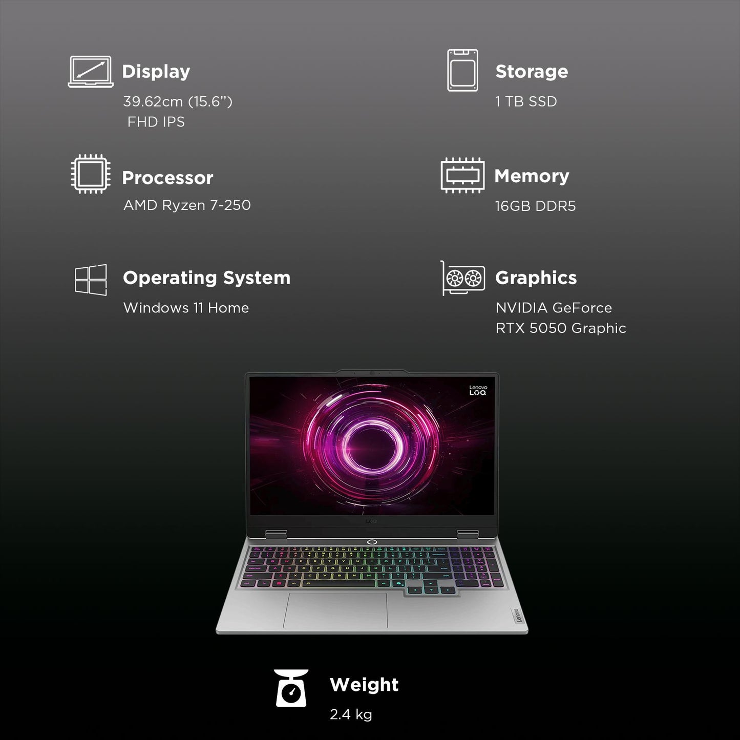 Lenovo LOQ 15AHP10 AMD Ryzen 7 Gaming Laptop (16GB, 1TB SSD, Windows 11 Home, 8GB Graphics, 15.6 Inch 144 Hz Full HD IPS Display, NVIDIA GeForce RTX 5050, Luna Grey, 2.4 KG)