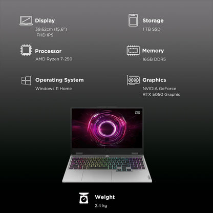 Lenovo LOQ 15AHP10 AMD Ryzen 7 Gaming Laptop (16GB, 1TB SSD, Windows 11 Home, 8GB Graphics, 15.6 Inch 144 Hz Full HD IPS Display, NVIDIA GeForce RTX 5050, Luna Grey, 2.4 KG)