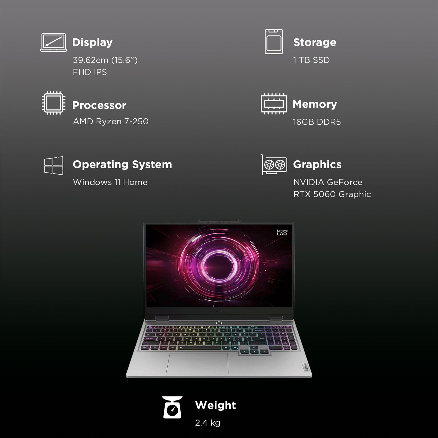 Lenovo LOQ 15AHP10 AMD Ryzen 7 Gaming Laptop (16GB, 1TB SSD, Windows 11 Home, 8GB Graphics, 15.6 Inch 144 Hz Full HD IPS Display, NVIDIA GeForce RTX 5060, MS Office Home 2024, Luna Grey, 2.4 KG)