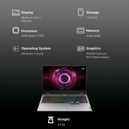 Lenovo LOQ 15AHP10 AMD Ryzen 7 Gaming Laptop (16GB, 1TB SSD, Windows 11 Home, 8GB Graphics, 15.6 Inch 144 Hz Full HD IPS Display, NVIDIA GeForce RTX 5060, MS Office Home 2024, Luna Grey, 2.4 KG)
