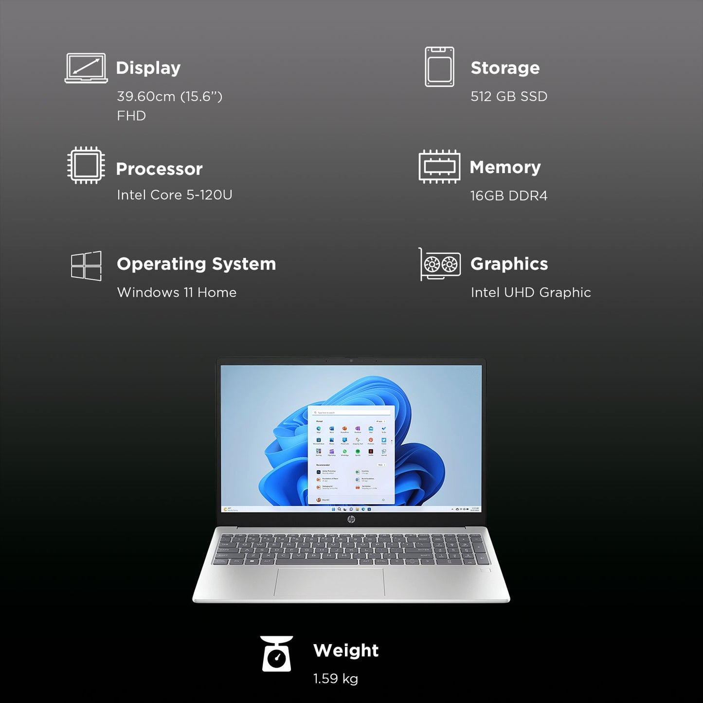HP 15-HR0009TU Intel Core 5 120U 13th Gen Laptop (16GB, 512GB SSD, Windows 11 Home, 15.6 inch Full HD Display, MS Office Home 2024, Natural Silver, 1.59 KG)