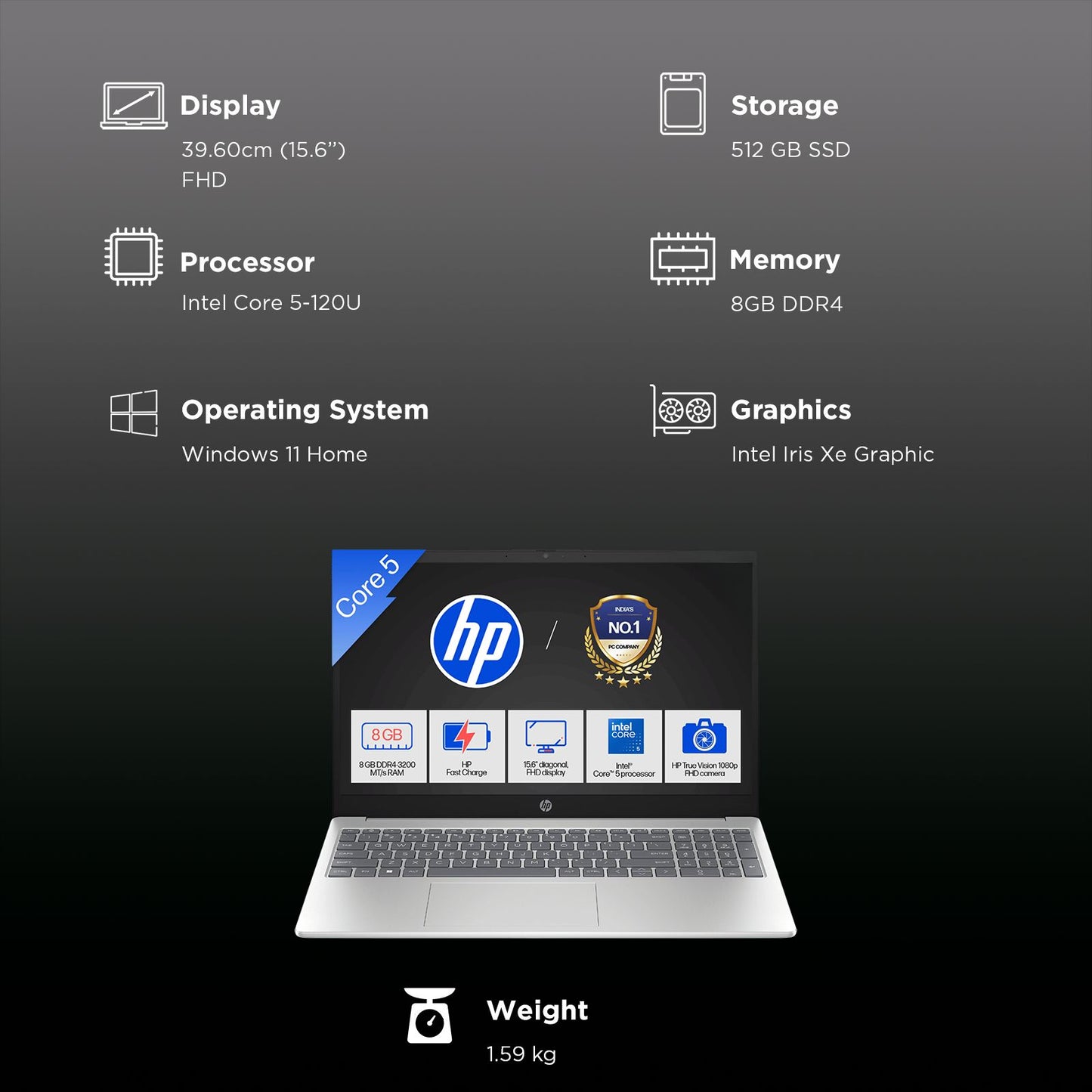 HP 15-FD0651TU Intel Core 5 120U 13th Gen Laptop (8GB, 512GB SSD, Windows 11 Home, 15.6 inch Full HD Display, MS Office Home 2024, Natural Silver, 1.59 KG)