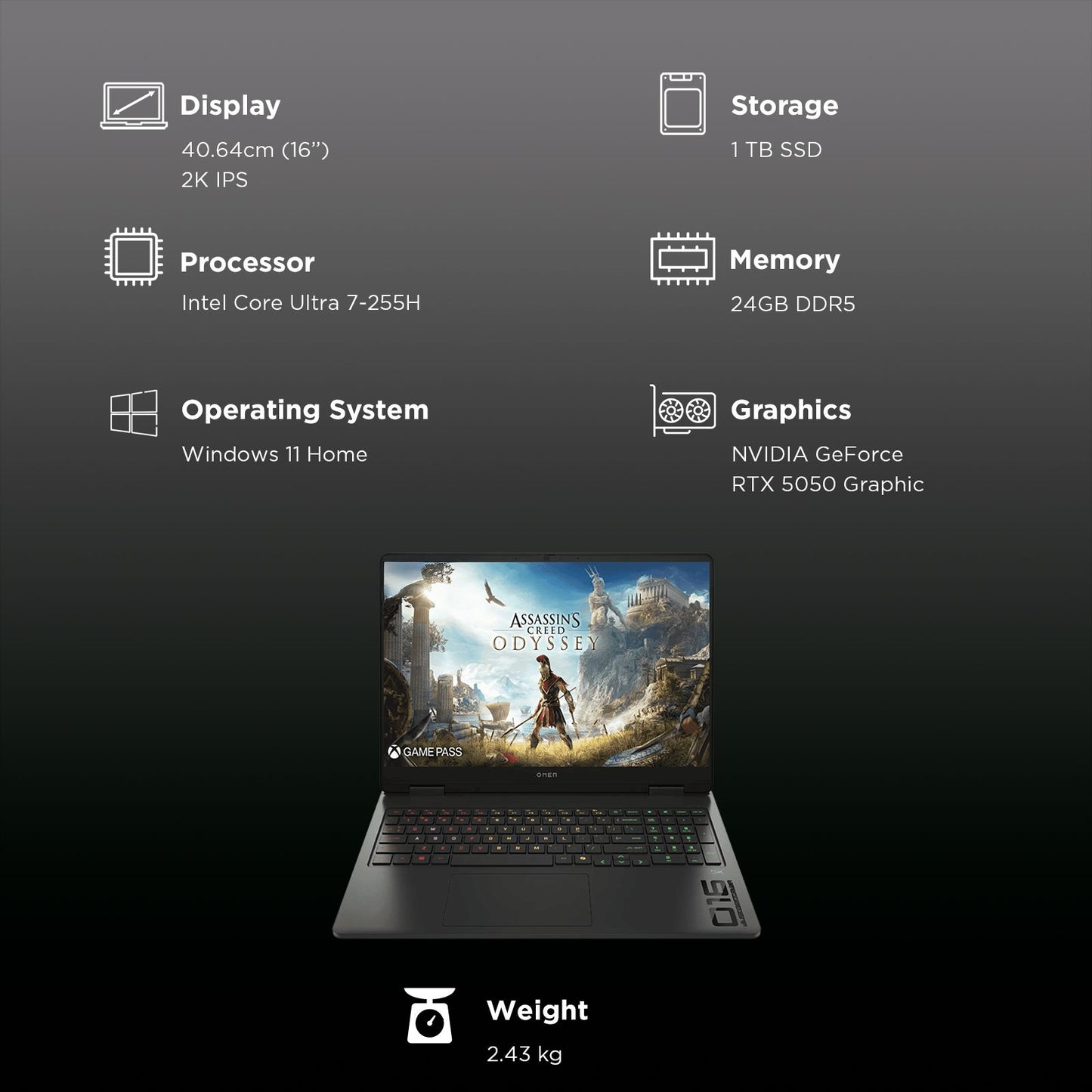 HP OMEN 16-am0240tx Intel Core Ultra 7 Gaming Laptop (24GB, 1TB SSD, Windows 11 Home, 8GB Graphics, 16 inch 165 Hz 2K IPS Display, NVIDIA GeForce RTX 5050, MS Office Home 2024, Shadow Black, 2.43 KG)