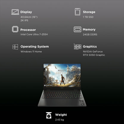 HP OMEN 16-am0240tx Intel Core Ultra 7 Gaming Laptop (24GB, 1TB SSD, Windows 11 Home, 8GB Graphics, 16 inch 165 Hz 2K IPS Display, NVIDIA GeForce RTX 5050, MS Office Home 2024, Shadow Black, 2.43 KG)