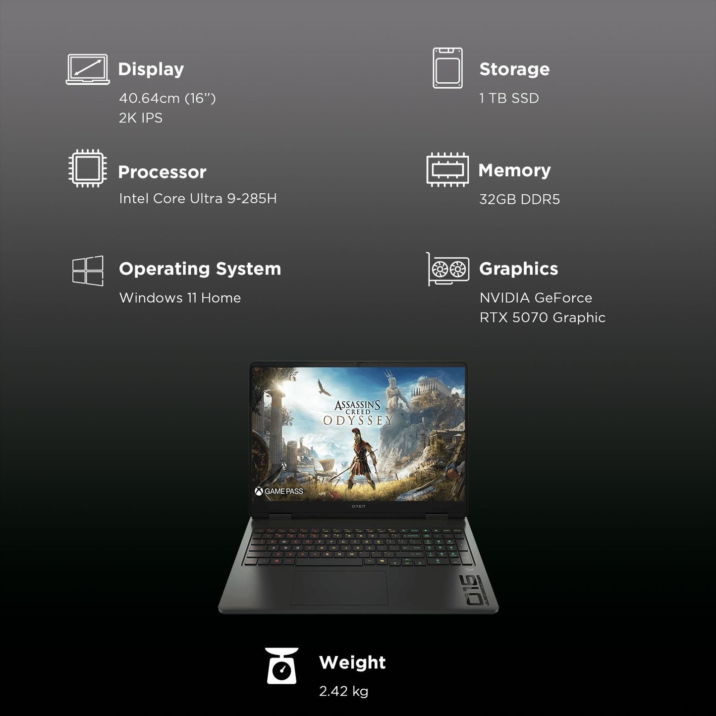 HP OMEN 16-an0012TX Intel Core Ultra 9 Gaming Laptop (32GB, 1TB SSD, Windows 11 Home, 8GB Graphics, 16 inch 165 Hz 2K IPS Display, NVIDIA GeForce RTX 5070, MS Office Home 2024, Shadow Black, 2.42 KG)