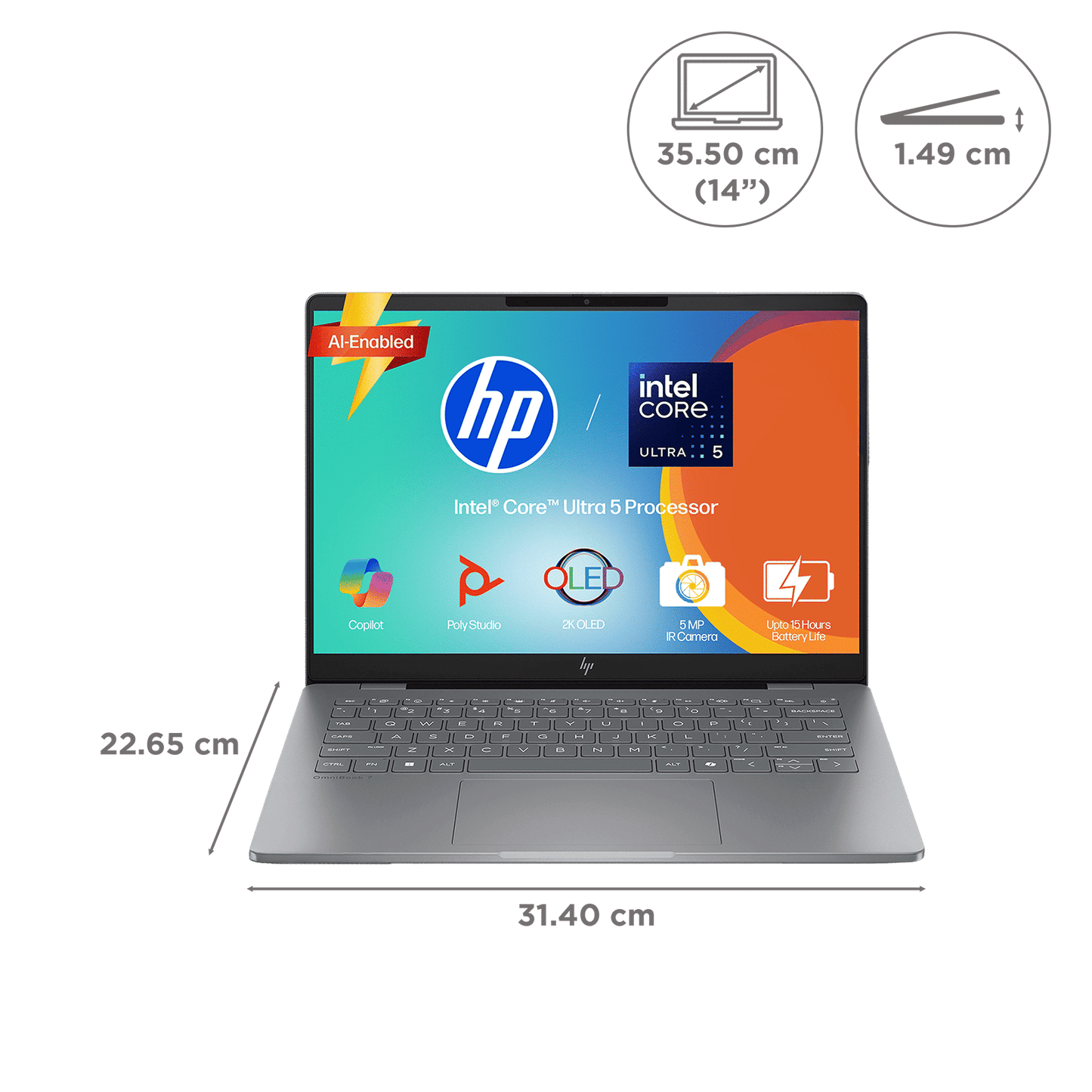 HP OmniBook 7 Intel Core Ultra 5 Laptop (16GB, 512GB SSD, Windows 11, 14 inch 2K OLED Display, MS Office 2024, Meteor Silver, 1.41 KG)