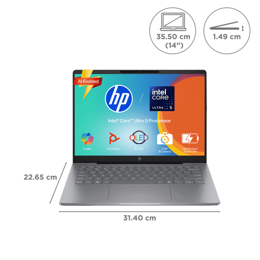 HP OmniBook 7 Intel Core Ultra 5 Laptop (16GB, 512GB SSD, Windows 11, 14 inch 2K OLED Display, MS Office 2024, Meteor Silver, 1.41 KG)