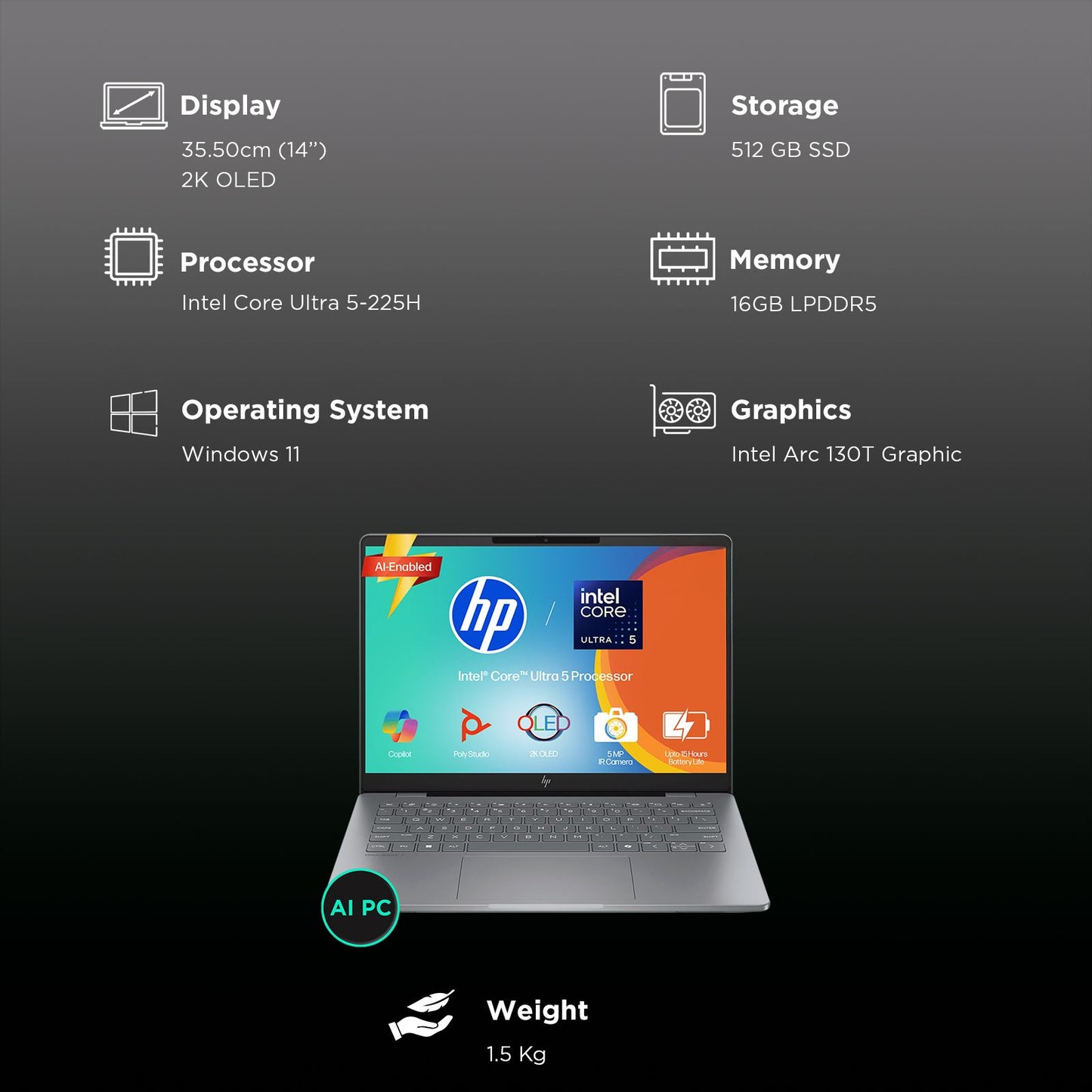 HP OmniBook 7 Intel Core Ultra 5 Laptop (16GB, 512GB SSD, Windows 11, 14 inch 2K OLED Display, MS Office 2024, Meteor Silver, 1.41 KG)