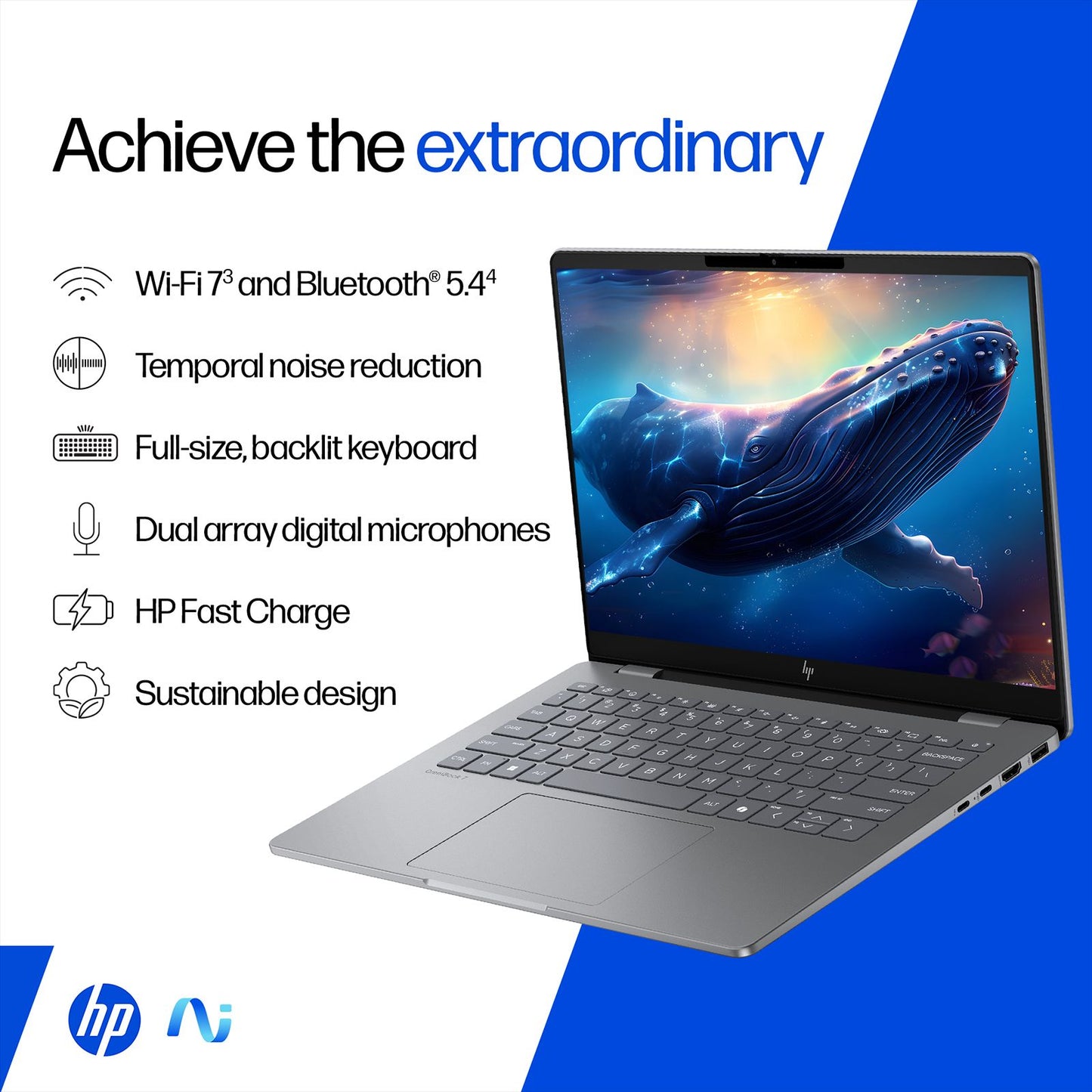 HP OmniBook 7 Intel Core Ultra 5 Laptop (16GB, 512GB SSD, Windows 11, 14 inch 2K OLED Display, MS Office 2024, Meteor Silver, 1.41 KG)