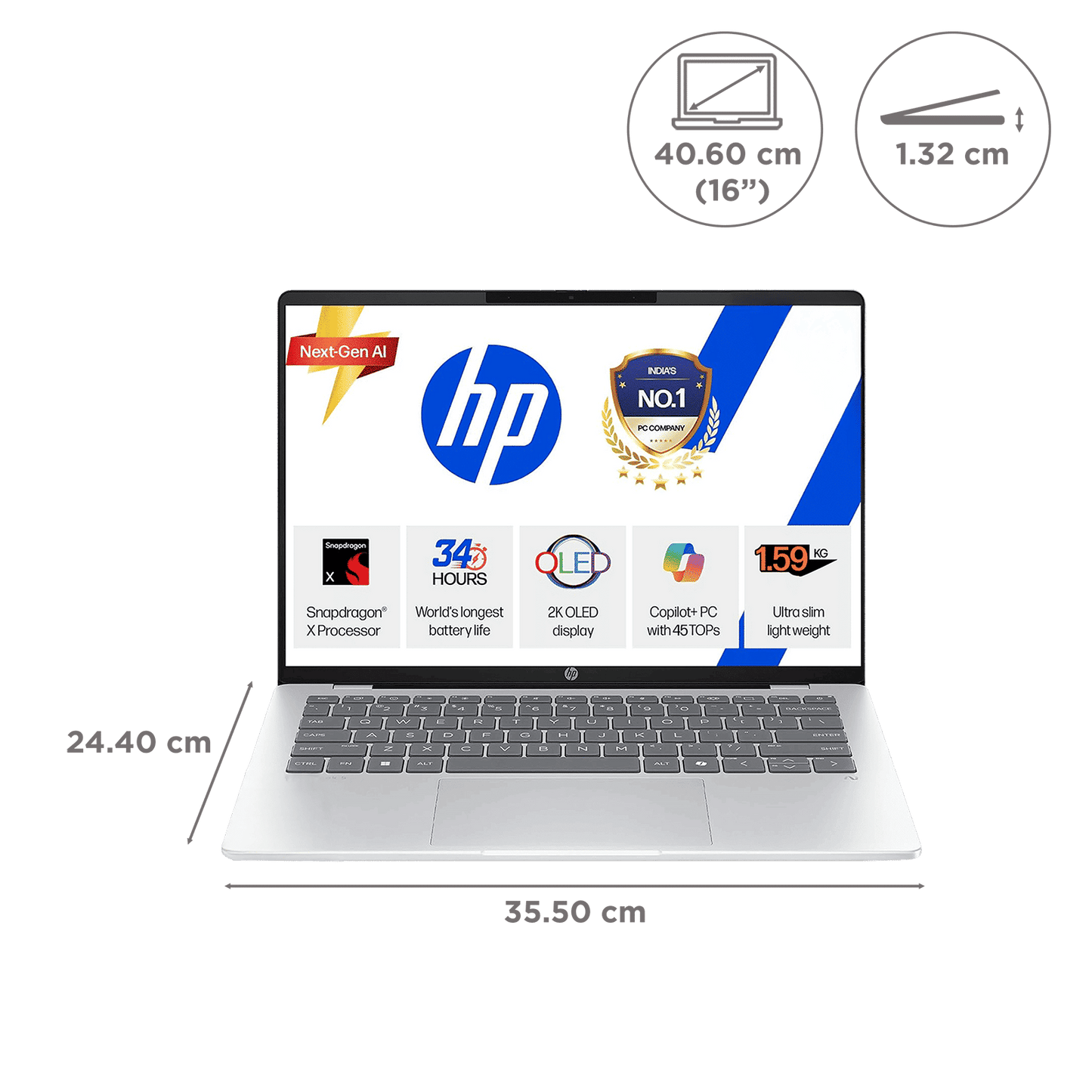 HP OmniBook 5 Qualcomm Snapdragon X Thin & Light Laptop (16GB, 1TB SSD, Windows 11 Home, 16 inch 2K OLED Display, MS Office 2024, Glacier Silver, 1.59 KG)