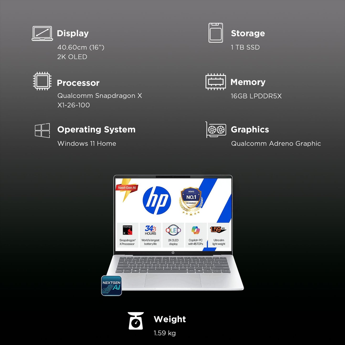 HP OmniBook 5 Qualcomm Snapdragon X Thin & Light Laptop (16GB, 1TB SSD, Windows 11 Home, 16 inch 2K OLED Display, MS Office 2024, Glacier Silver, 1.59 KG)