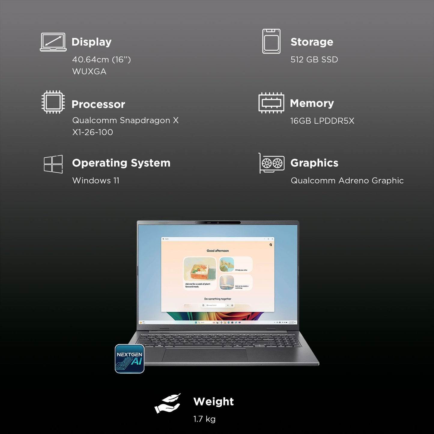 acer A16-11M Qualcomm Snapdragon X Laptop (16GB, 512GB SSD, Windows 11, 16 inch WUXGA Display, MS Office, Steel Grey, 1.7 KG)