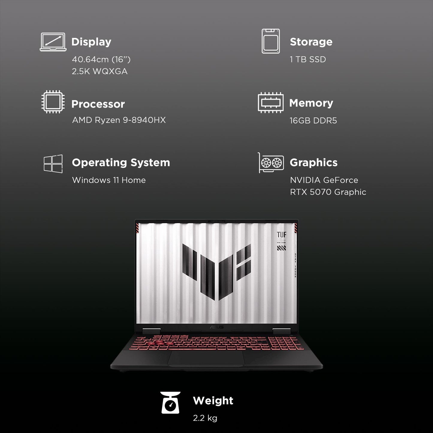 ASUS TUF A16 FA608PP-QT014WS AMD Ryzen 9 Gaming Laptop (16GB, 1TB SSD, Windows 11 Home, 8GB Graphics, 16 inch, 165 Hz, 2.5K WQXGA Display, NVIDIA GeForce RTX 5070, MS Office 365 Basic, Jaeger Gray, 2.20 KG)