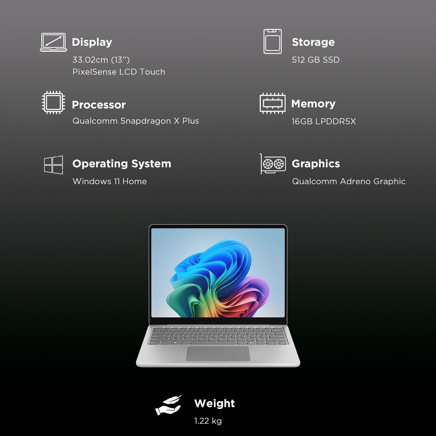 Microsoft Surface Qualcomm Snapdragon X Plus Touchscreen Ultra Thin Laptop (16GB, 512GB SSD, Windows 11 Home, 13 inch PixelSense LCD Display, Platinum, 1.22 KG)